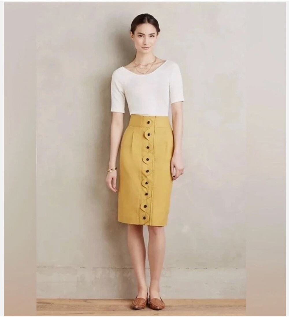 Maeve Anthropologie Ada Mustard Yellow Skirt Button Front Scalloped Pencil sz 10